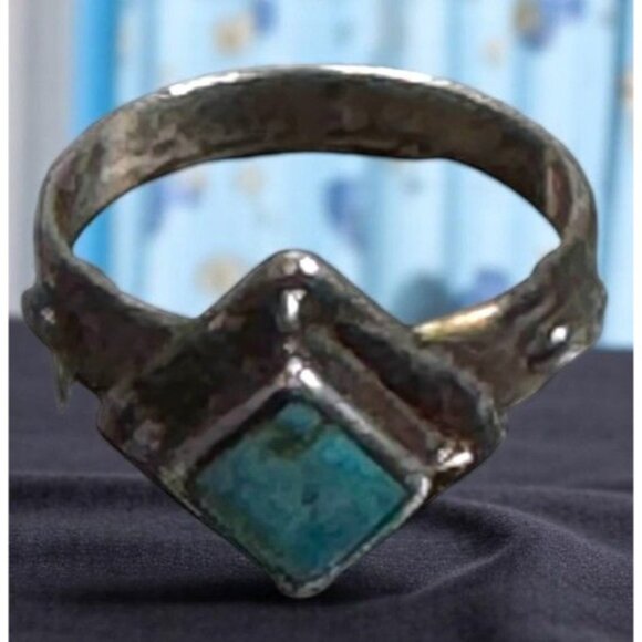 Vtg 7.5 Navajo Ted Ott Signed Sterling Silver Ring Turquoise Accent Diamond Shap - Picture 1 of 8